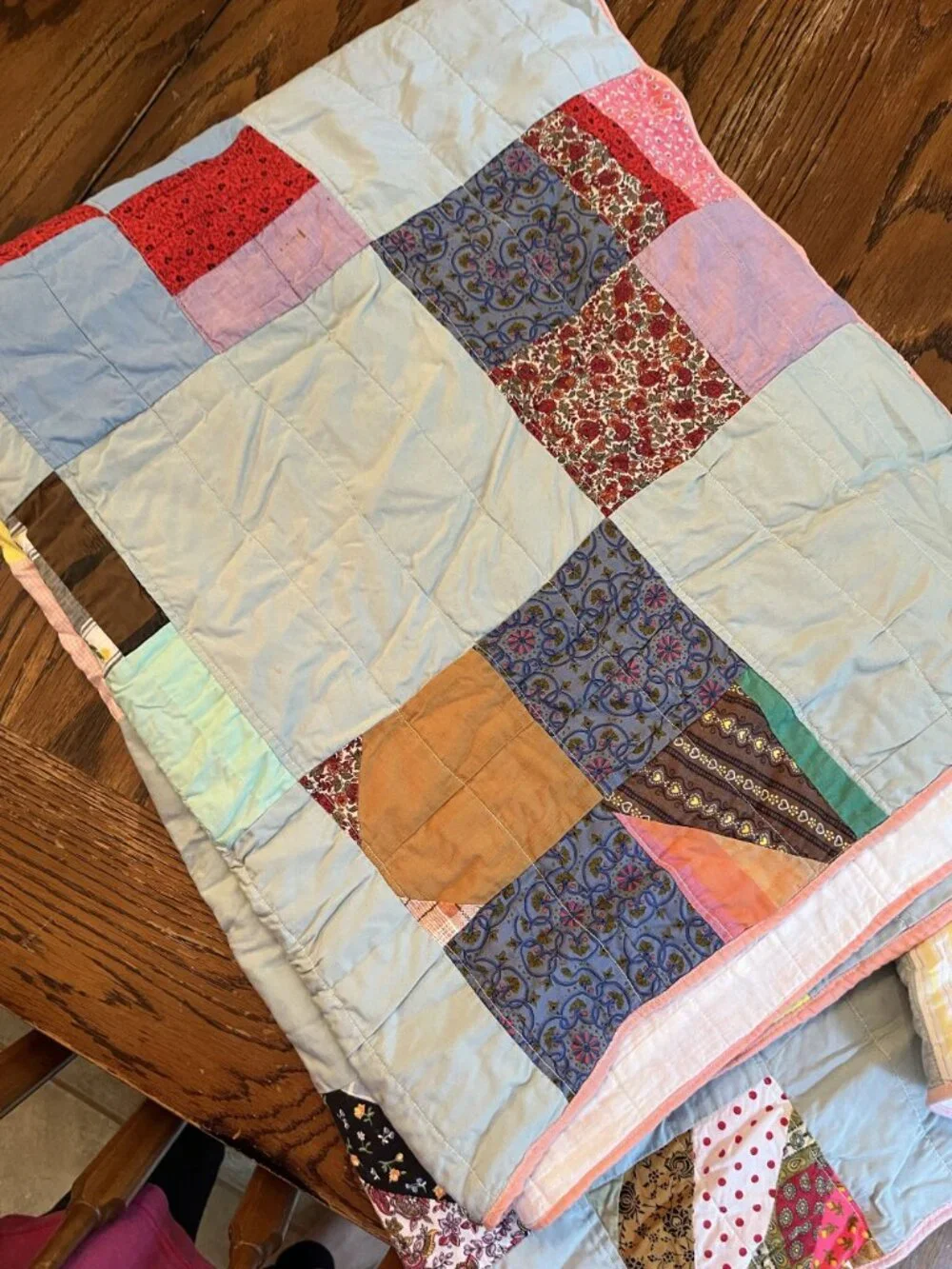 Handmade Vintage Patchwork Quilt With Multi-Color Squares & Pink Trim